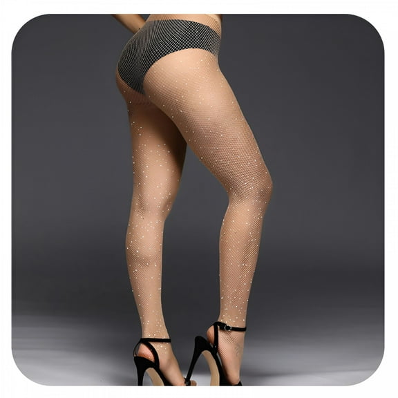 TELOLY Sparkly Fishnet Stockings for Women,Rhinestone Fishnets Tights,Fishnet Tights Plus Size,Cut-Out Pantyhose for Women Beige