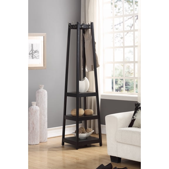 Hall Tree Vassen Coat Rack w/ 3-Tier Storage Shelves in Black Finish,Entryway Coat Rack