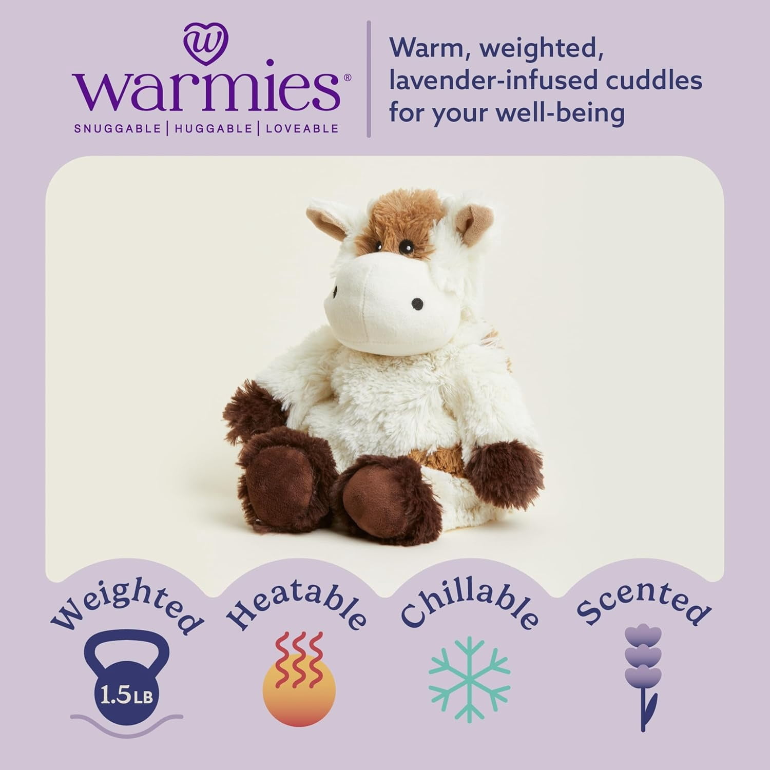 Warmies Microwavable Weighted Stuffed Animal, Lavender-Scented Cow Plushie, 1.5 lbs