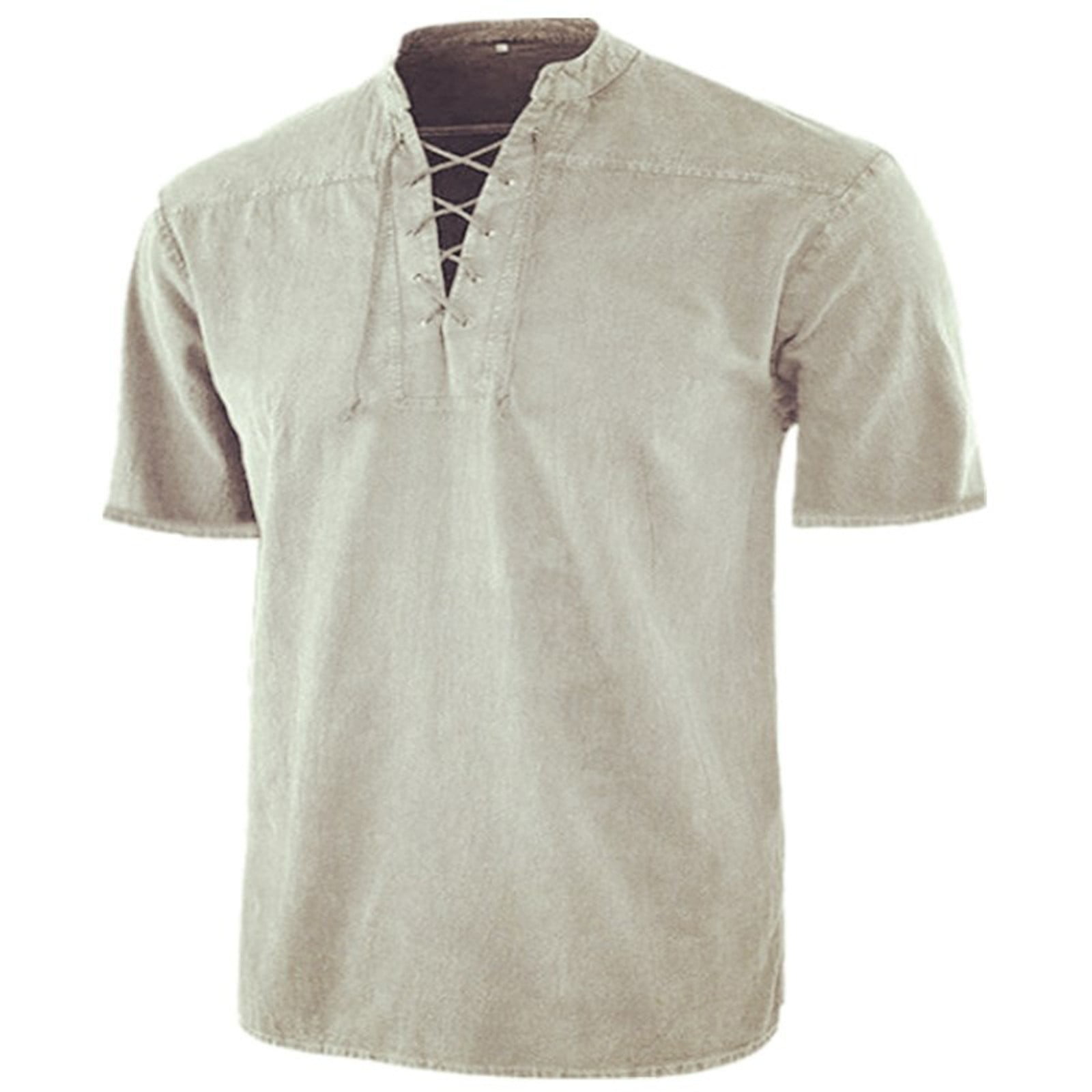 T Shirt Men Sleeve V Neck Male Gothic Lace Up Tie Vintage