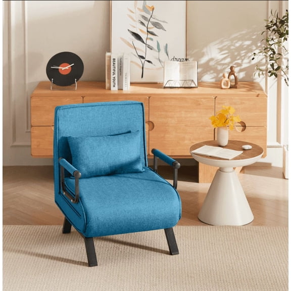 Convertible Chair Bed Sleeper for Adults, 5 in 1 Folding Chair Bed with 5-Position Adjustable Backrest & Pillow, Comfy Single Futon Sofa Bed for Small Spaces, Apartment, Office (Blue)