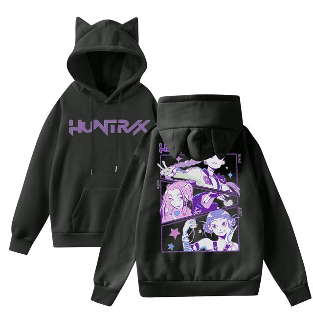 HUNTRX pop Huntrix Print Cat Ears Hoodie with De-mon Sweatshirt Trendy Pullover All-over Print Fashion Casual Long Sleeve Sweatshirt Pullover Casual Streetwear XL