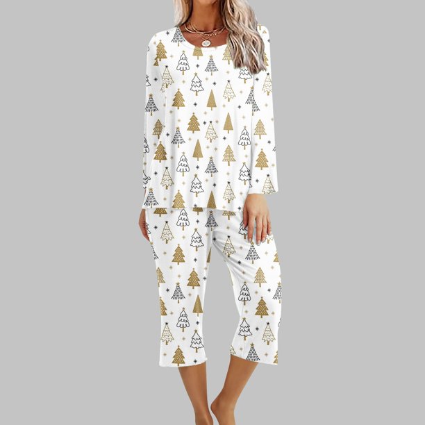 Puntoco Conjunto de pijama capris de manga larga con cuello redondo y estampado de dos piezas para mujer Puntoco Puntoco-8199