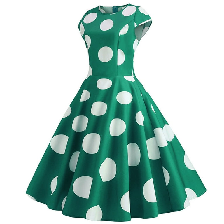 Alllist A Line Womens Dresses Crew Neck Green Vintage Skater Dress Polka Dot Short Sleeve Party Teen's Dress