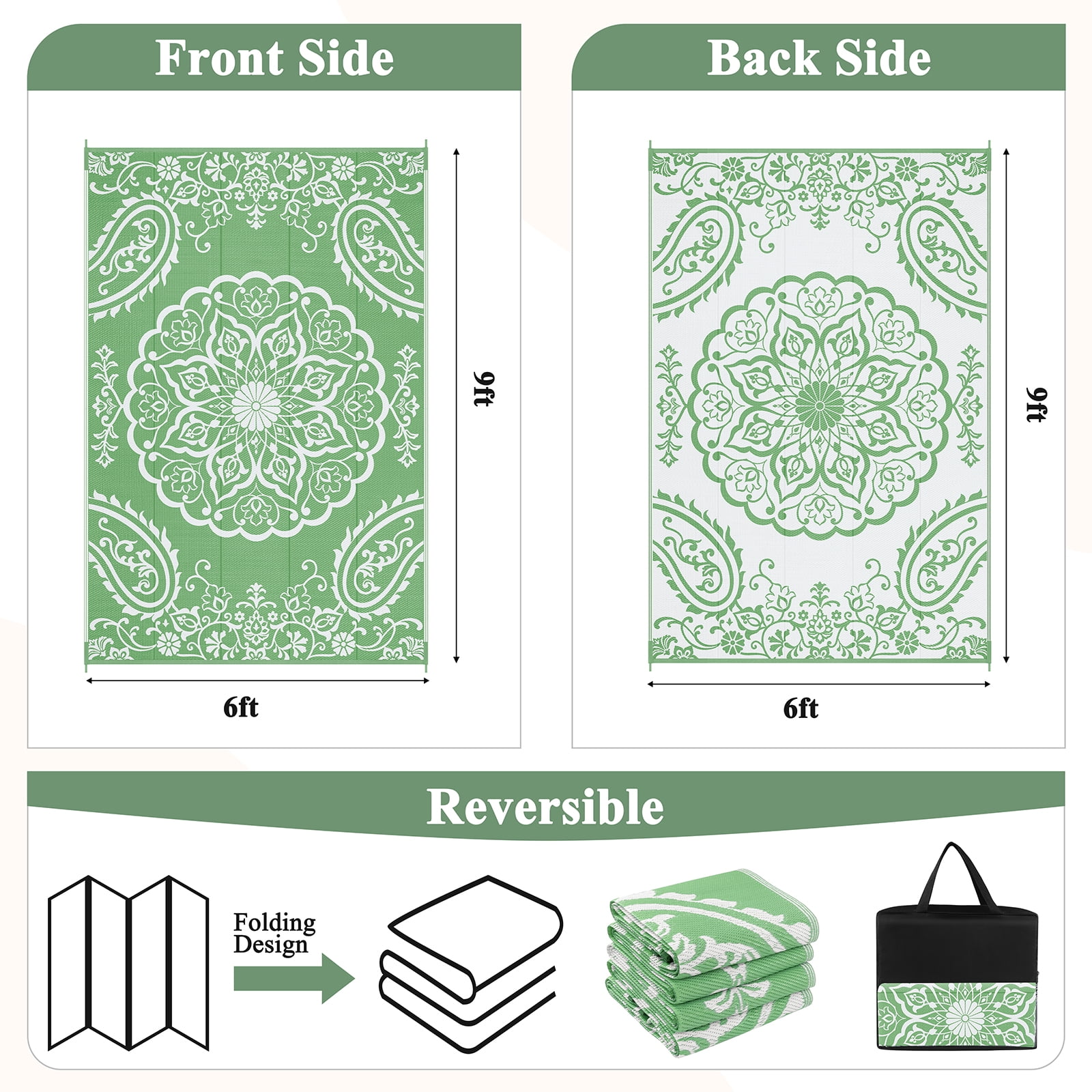 MeyJey 6'x9' Outdoor Rugs for Patio, Patio Rug Waterproof RV Mats, Plastic Straw Camping Area Rug for Indoor Porch Balcony Beach Mat, Green