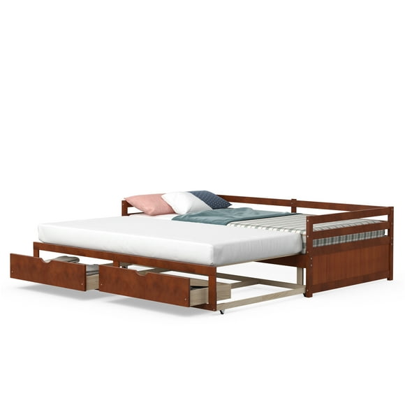 Costway Twin to King Daybed with 2 Drawers Wooden Sofa Bed for Bedroom Living Room Cherry