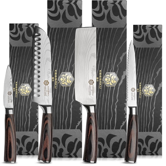 Kessaku 7-Inch Santoku & 7-Inch Nakiri & 5.5-Inch Serrated Utility & 3.5-Inch Paring Knife Set - Samurai Series - Forged High Carbon 7Cr17MoV Stainless Steel - Pakkawood Handle with Blade Guards