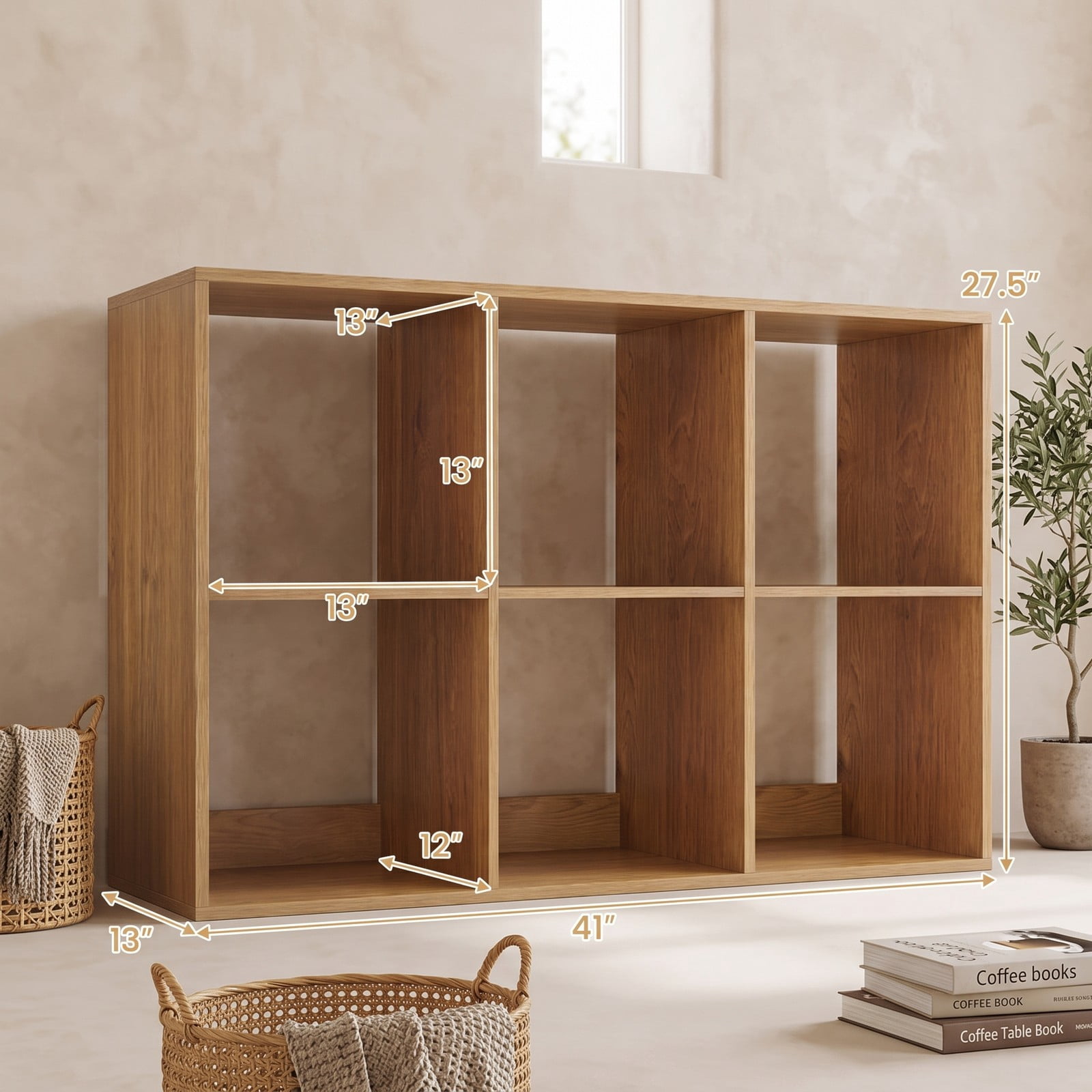 Furnibear 6 Cube Bookshelf, Wood Cube Storage Organizer with Back Guardrail and Anti-Tip Kit, Freestanding Display Bookcase for Living Room Bedroom Home Office, Natural