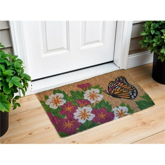HomeRoots 573916 18 x 30 in. Brown & White Coir Floral Outdoor Door Mat