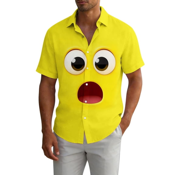 Maqroz Men's Plus Size Button Down Shirt Short Sleeve Funny Face Graphic Shirts Casual Summer Holiday Vacation Beach Hawaiian Top Novelty Graphic Tops