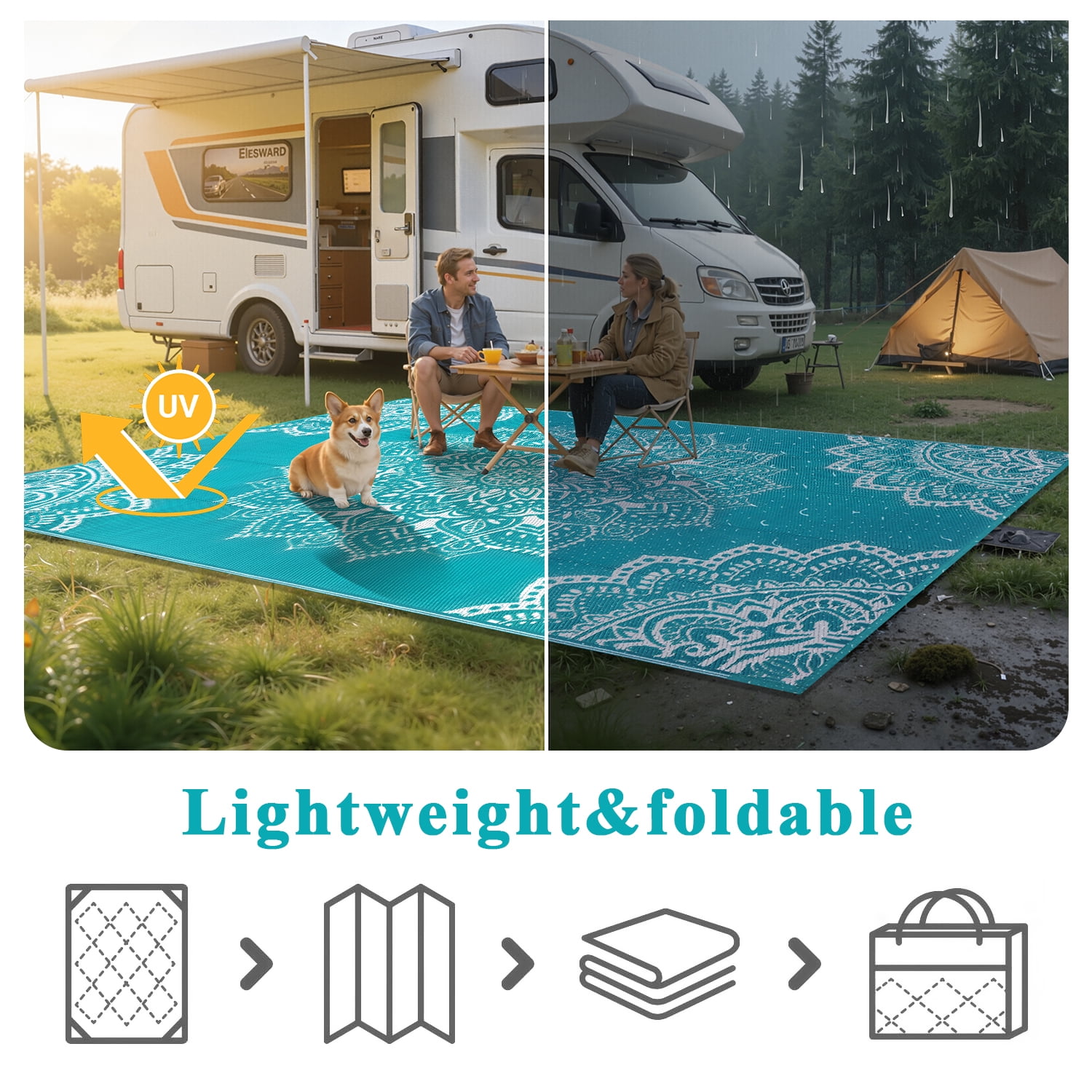 Findosom 9'x12' Outdoor Rugs Large Patios RV Outdoor Rug Reversible Waterproof Camping Rugs Portable Plastic Straw Outdoor Area Rug for Camping, RV, Balcony, Patio, Picnic,Teal