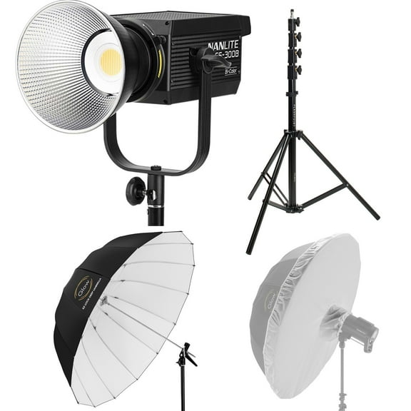 Nanlite FS-300B Bi-Color LED Video LED Monolight, Bundle with 65" Easy Lock Umbrella, 9.5' Light Stand, Umbrella Diffuser