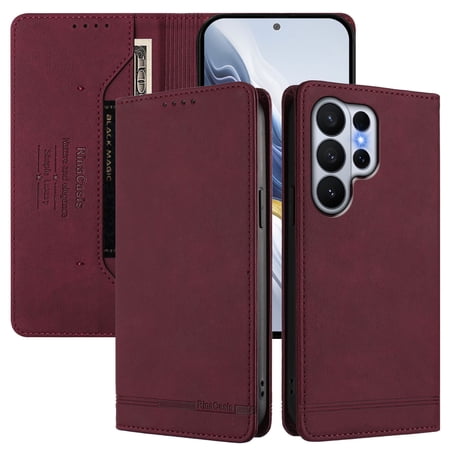 Wallet Case for Samsung Galaxy S24 Ultra PU Leather Flip Cover with RFID Blocking Card Slots Kickstand Full Body Shockproof Rugged Protective Phone Case for Samsung Galaxy S24 Ultra Winered