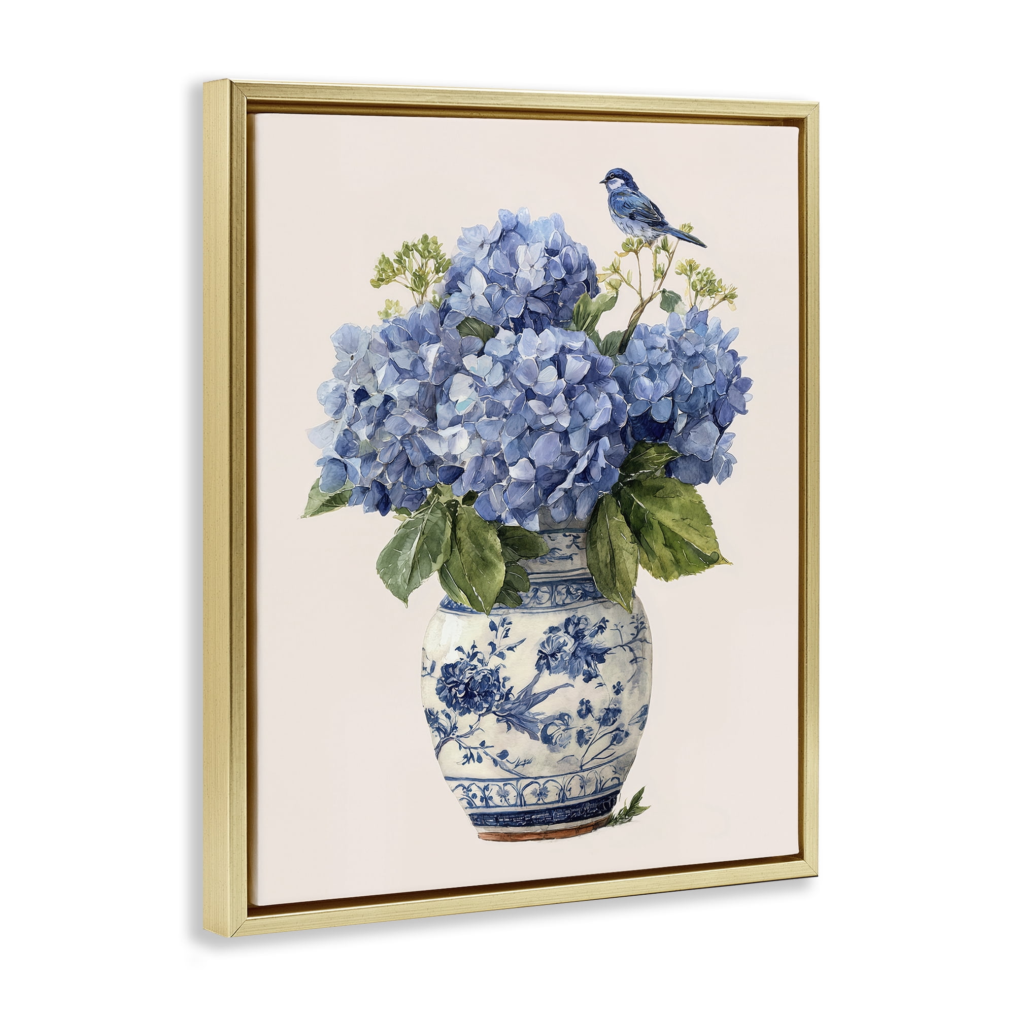 Stupell Industries Songbird Perched on Hydrangeas Gold Framed Floater Canvas Wall Art, design by Imagine It Images