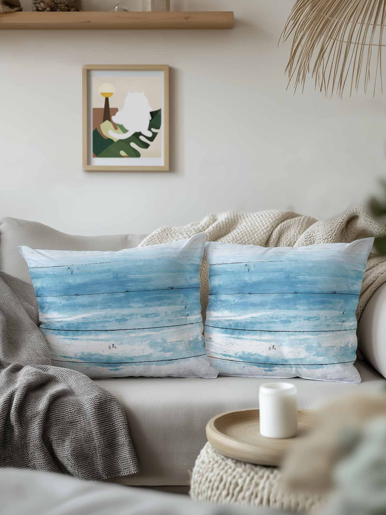 1 Pack Outdoor Throw Pillow, Summer Blue Ocean Waterproof Pillow with Insert Included, Farmhouse Wooden Grain Modern Art Decorative Accent Cushion Sofa Pillows for Patio Porch, 16 x 16 In