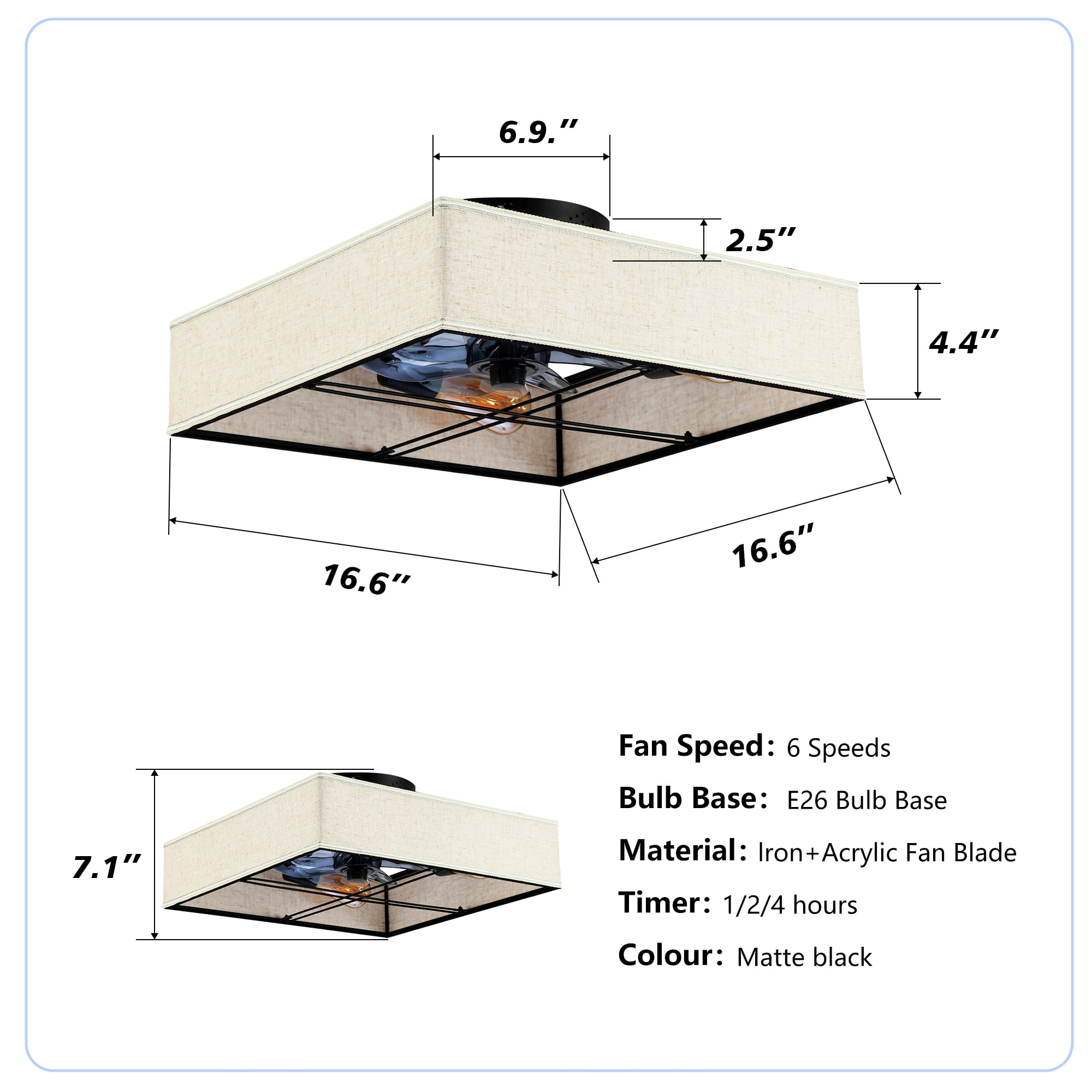 Leumius 16.6" Square Fabric Farmhouse Ceiling Fan with Light and Remote Control,Low Profile Modern Enclosed Ceiling Fans with Reversible Motor for Living Room,Bedroom,Kitchen (NOT Included Bulbs)