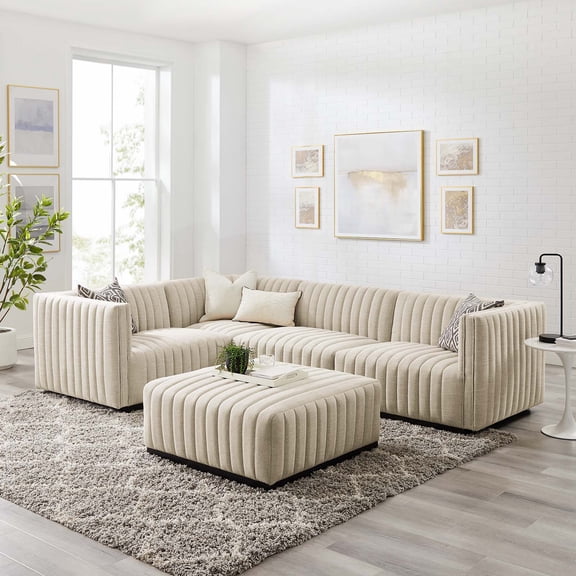 Modway Conjure Channel Tufted Upholstered Fabric 5-Piece Sectional in Black Beige