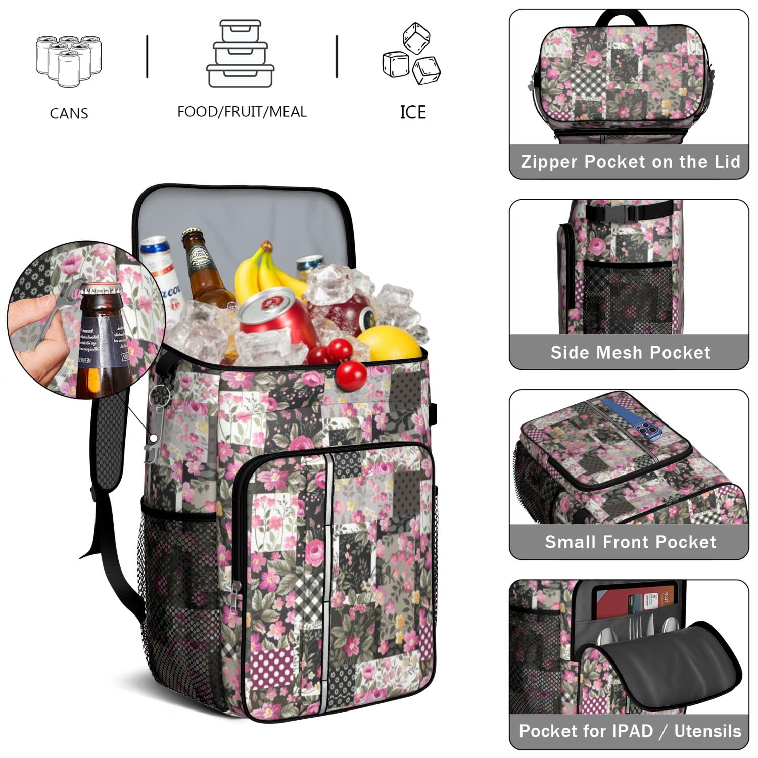 Travel Cooler Bag - Pioneer Flower Camping Beer Cooler Backpack with Bottle Opener- Waterproof Insulated Picnic Backpacks - Cooler Bag for Beach