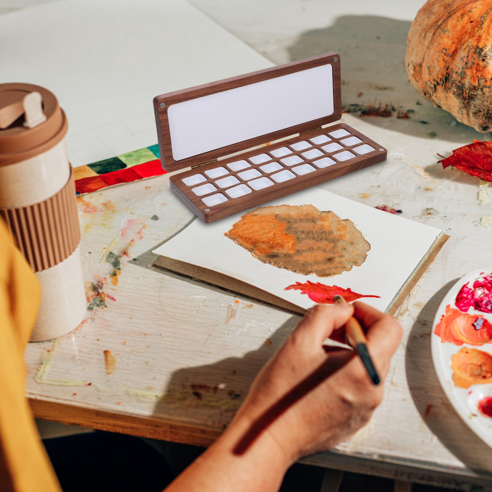 RENACLIPY Portable Coffee Wood Watercolor Palette Case with Cover for Travel