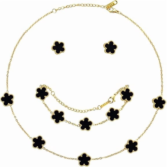 ZLC Lucky Clover Jewelry Set - 18K Gold Plated Flower Design Five Leaf Bracelet, Necklace Pendant, Earrings for Women - Lucky Gifts for Mom, Wife, Daughter, Friends