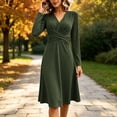 thumbnail image 4 of Ashirexll Long Sleeve Dress for Women A-Line Wrap Style Long Sleeve V-Neck Solid Color Dress with Cross Over Waist, 4 of 6