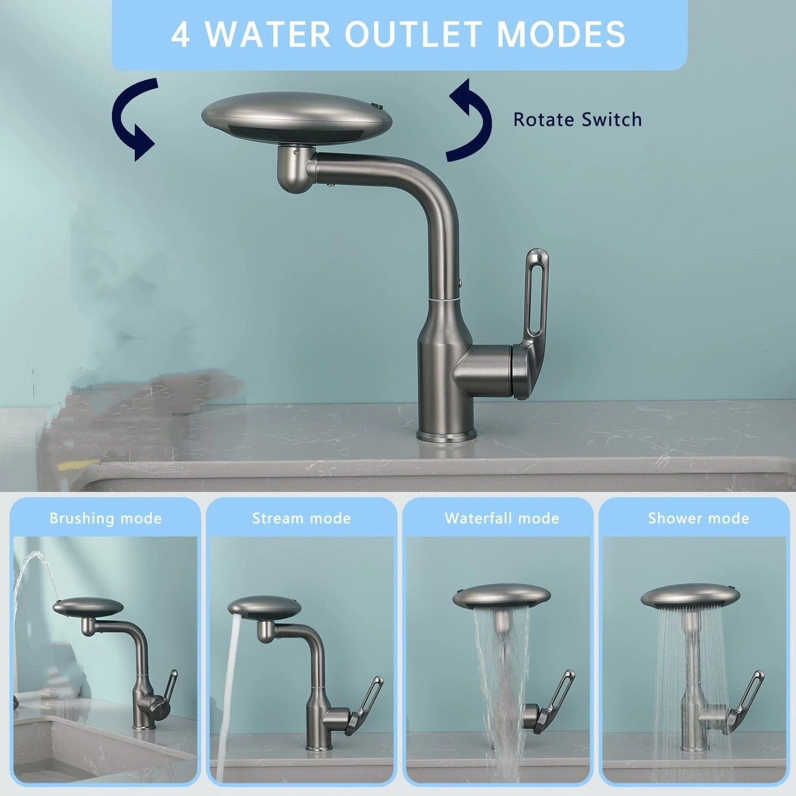 Ecohintz Bathroom Faucet, Modern Grey Bathroom Faucet with 360° Swivel Spout & 4 Spray Modes - Single-Hole Basin Tap with Water Supply Connections | Sleek & Practical Upgrade, Single Hole Faucet