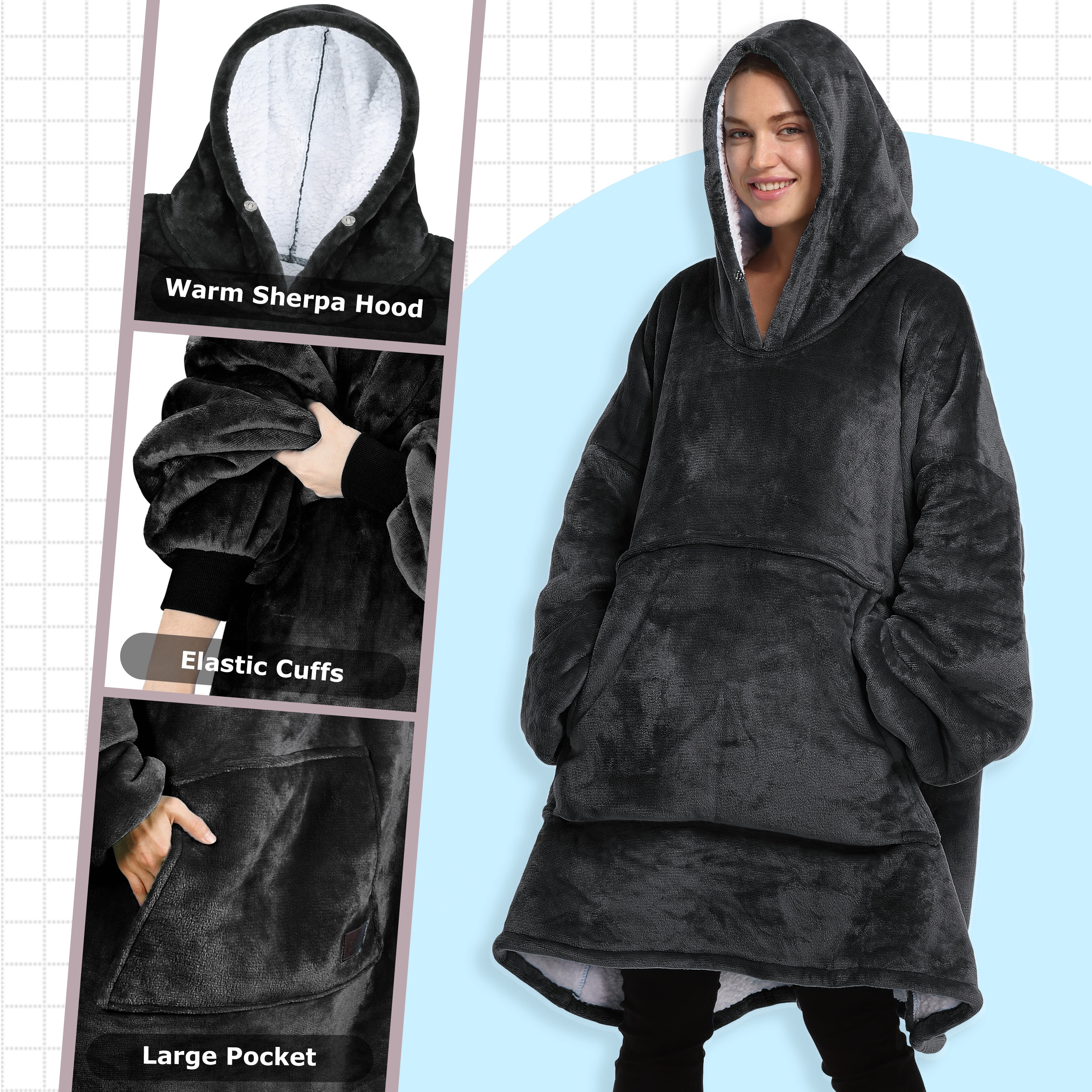 Oversized Hoodie Sweatshirt, Wearable Sherpa Blanket Pullover, Soft Warm Comfortable Portable Travel Sweater Pillow for Adults Men Women, Gift for Her