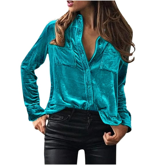 RYDCOT Womens Vintage Velvet Top Business Casual Long Sleeve Button Up Shirt Blouses Jacket with Pockets Spring Fall Tops Shirts Sale