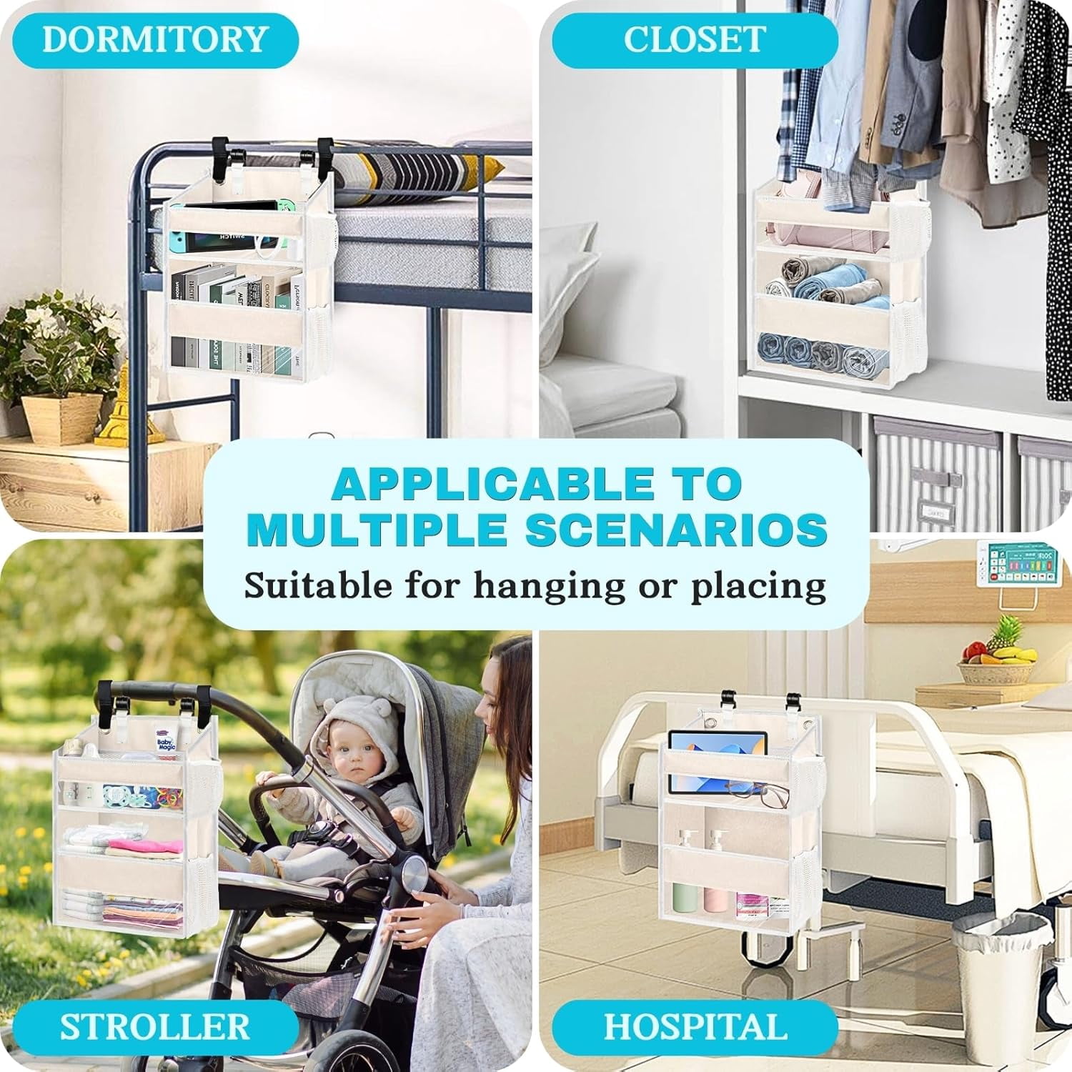 Hanging Diaper Organizer for Changing Table,Cribs,Car,Playard or Wall & Nursery Organization, 2-Tier Diaper Organizer- Hold 90+ Diapers, Beige