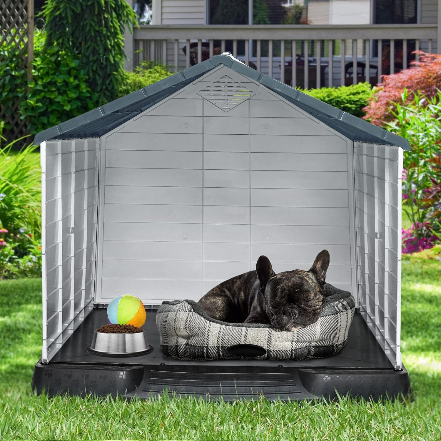 28.5'' Plastic Dog House Outdoor Indoor Doghouse Puppy Shelter Water Resistant Easy Assembly Sturdy Dog Kennel with Air Vents and Elevated Floor (28.5''L*26''W*28''H, Blue)