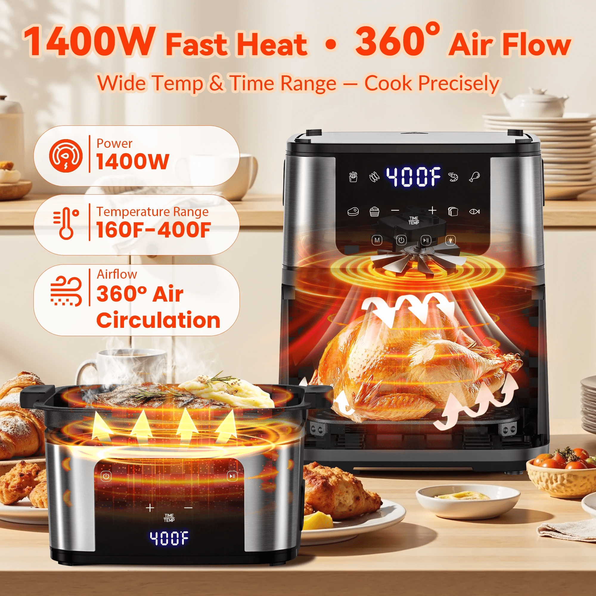 Air Fryer 7.5QT, 10 Preset Programs Air Fryer Oven, 10-in-1 Digital LED Touch Screen, 95% Less Oil, Dishwasher-Safe, 1400W Fast Heating, Visible Window, Air Fryer with 100Pcs Liner