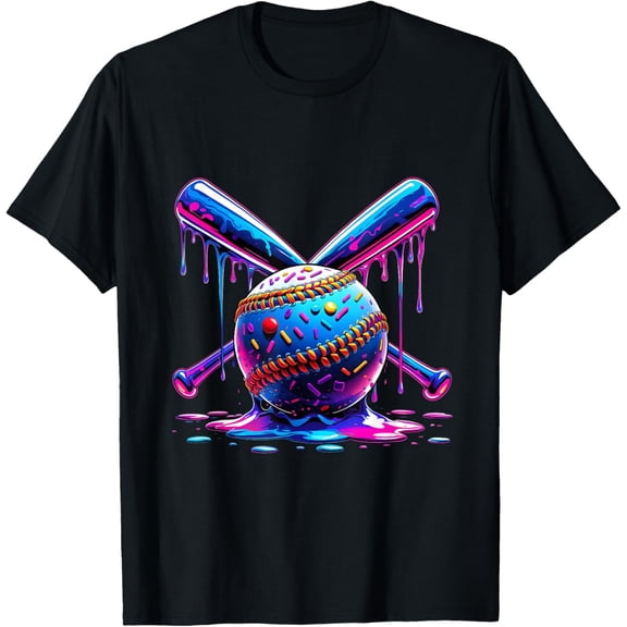 Neon Dripping Baseball and Bats Colorful Sports Art T-Shirt