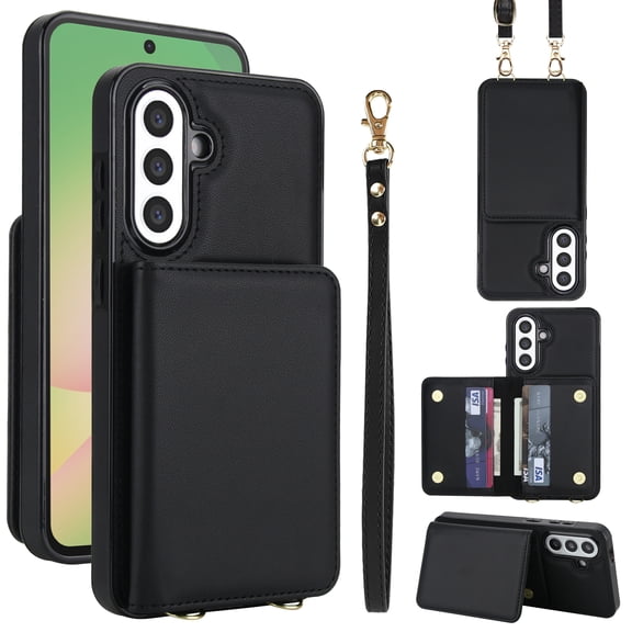 Decase For Samsung Galaxy A56 5G PU Leather Wallet Case with RFID Blocking Card Pocket, Anti-Scratch Shock-Absorbent Back Cover, Credit Card & Cash Slot, Strap & Shoulder Lanyard,Black