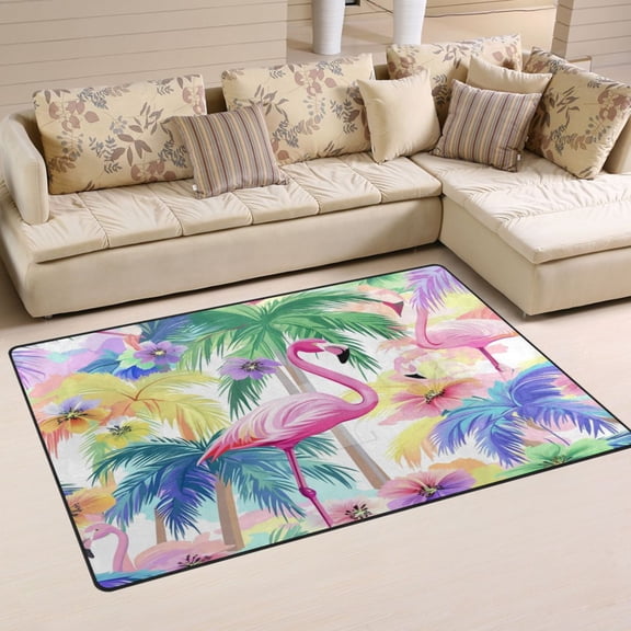Non-Slip Area Rug 31"x20" Indoor Washable Floor Mats Carpet Printed for Living Room, Bedroom, Home Decor Flamingos and Palm Trees