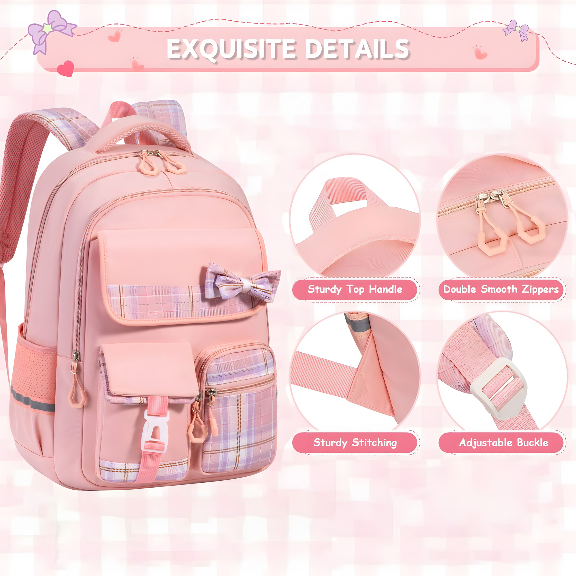 Set de Mochila Escolar de Soda Candy para Niñas, Moño Lindo, Impermeable, con Lonchera y Estuche, para Primaria y Secundaria, Negro, 3 piezas 6