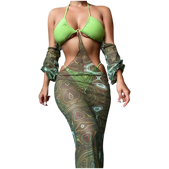 KaLI_store Plus Size Swimsuit for Women Womens Swimsuits Boho Two Piece Bikini Floral Print Bathing Suit High Waisted Swimwear Top and Bottom Green,M