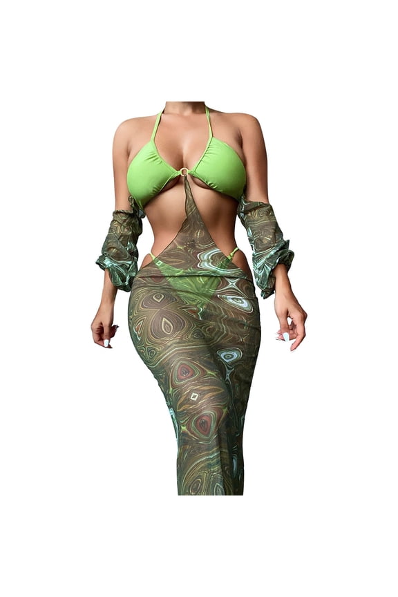 Plus Size Swimsuit for Women Womens Swimsuits Boho Two Piece Bikini Floral Print Bathing Suit High Waisted Swimwear Top and Bottom Green,M