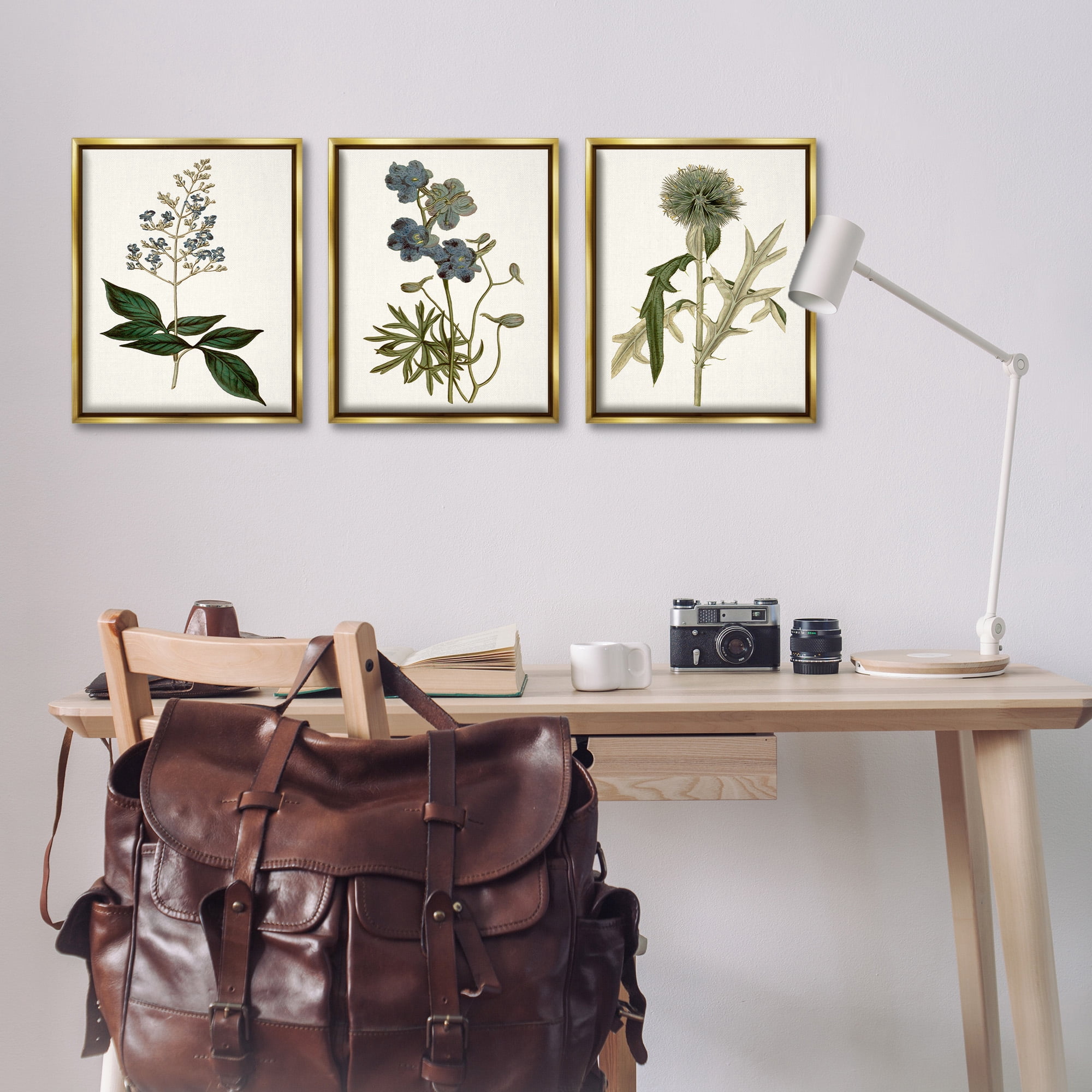 Stupell Industries Vintage Botanical Flowers on Beige Botanical & Floral Painting Gold Floater Framed Canvas Art Print Wall Art, 17 x 21, Set of 3