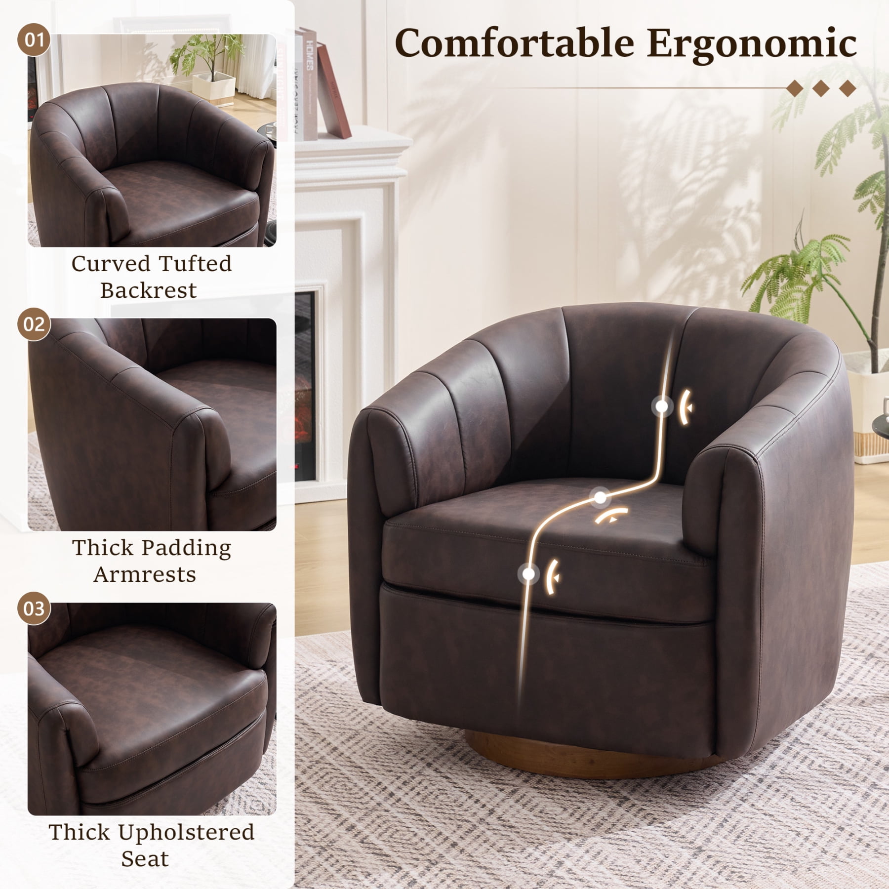 Leumius PU Leather Swivel Accent Chair, Upholstered Armchair with Solid Wood Base,Comfy Reading Chair With Curved Thickened Backrest,Dark Brown PU