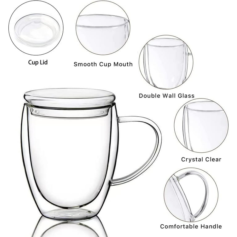 i Kito Double Wall Glass Mug with lid 16 oz, Clear Glass Cups with lids,  Glass cup with handle