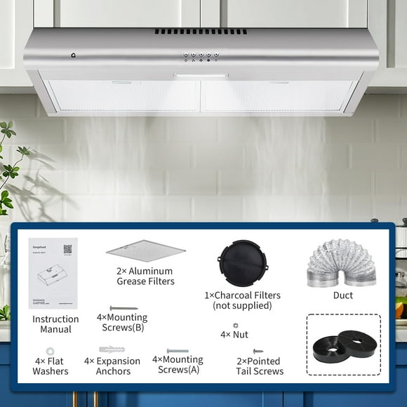 EDTara Stainless Steel Under Cabinet Range Hood, 30 Inch, 3-Speed, 750 CFM, LED Light, Ventilation for Kitchen Stove