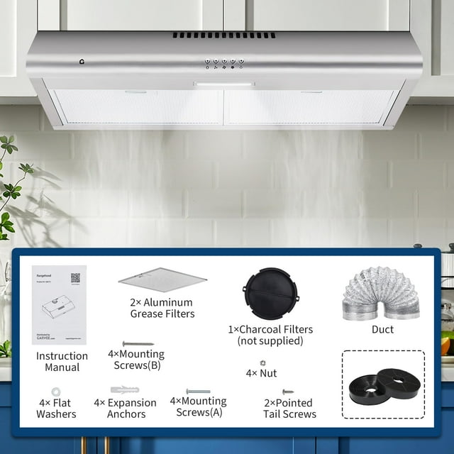 EDTara Stainless Steel Under Cabinet Range Hood, 30 Inch, 3-Speed, 750 CFM, LED Light, Ventilation for Kitchen Stove