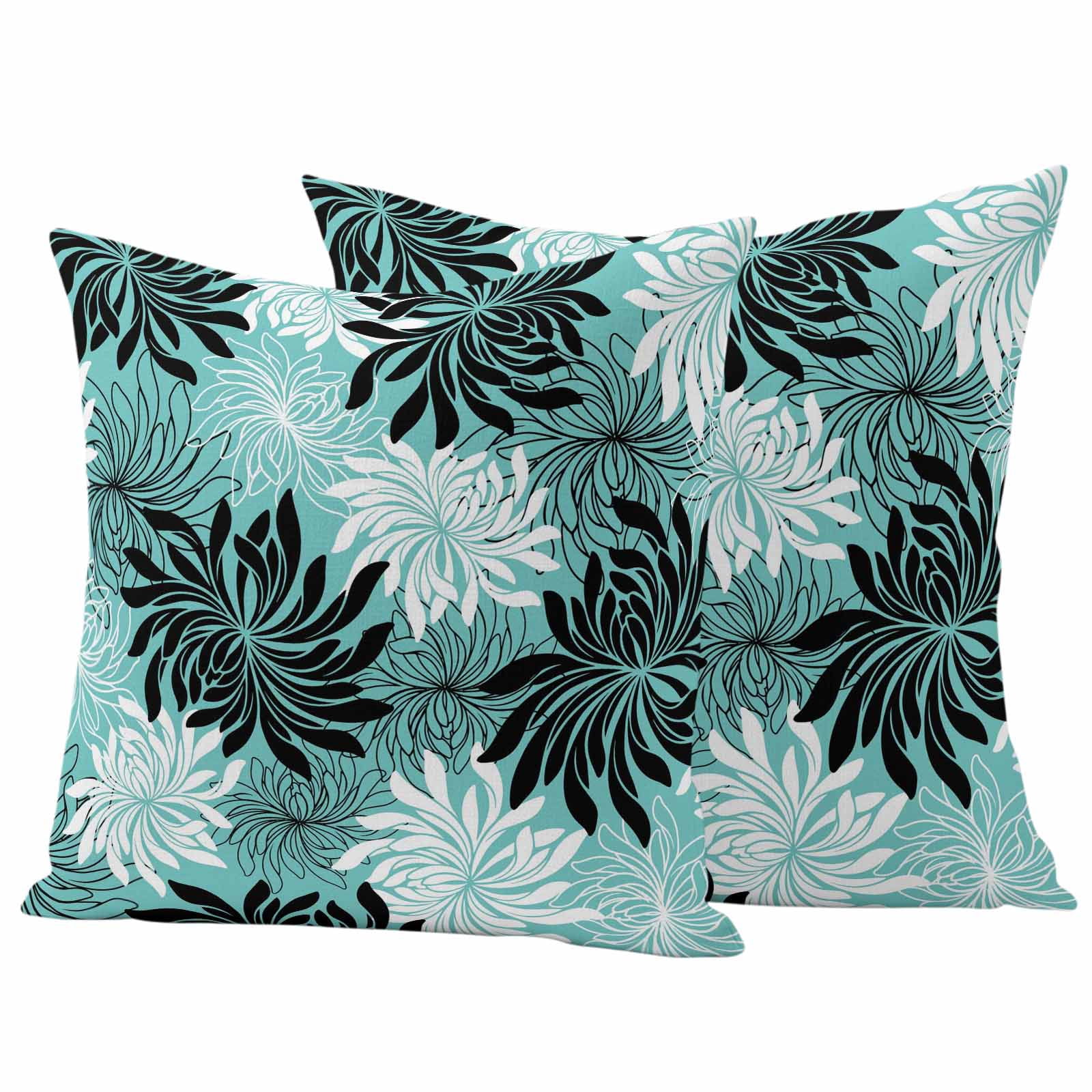 Teal Black Flowers Outdoor Waterproof Throw Pillow Covers 18x18 Set of 2, Modern Abstract Blooms Floral Decorative Pillowcases Cushion Pillowcase for Couch Sofa Patio Outside Pillow Protector