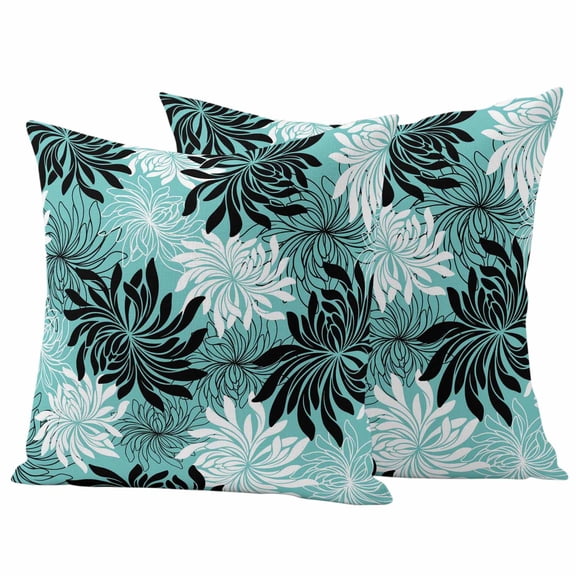 Outdoor Waterproof Throw Pillow Covers Set of 2 Chrysanthemum Decorative Pillowcases Square Outdoor Pillows Cushion Case 16x16 Inch Vintage Green Black Floral Patio Pillows for Couch Sofa Bed Garden