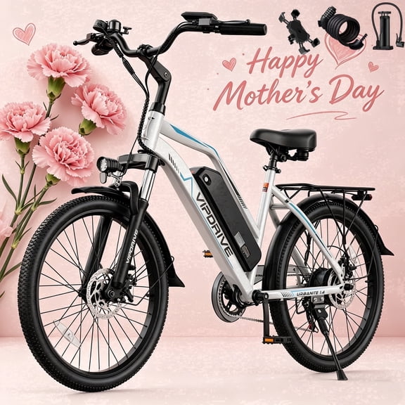 VIPDRIVE Electric Bike - 24'' Adult E Bike, Peak 750W 20MPH City Cruiser E-Bike with 48V7.8AH Removable Battery with Fork Suspension and Dual Disc Brakes(UL2849)