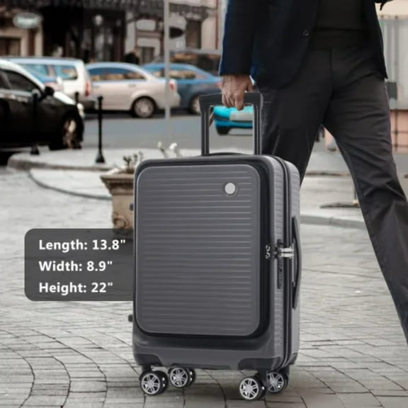Compact carry-on suitcase, front-opening luggage, with front pockets and USB interface, comes with 1 travel bag, durable, lightweight, suitable for travel and business trips