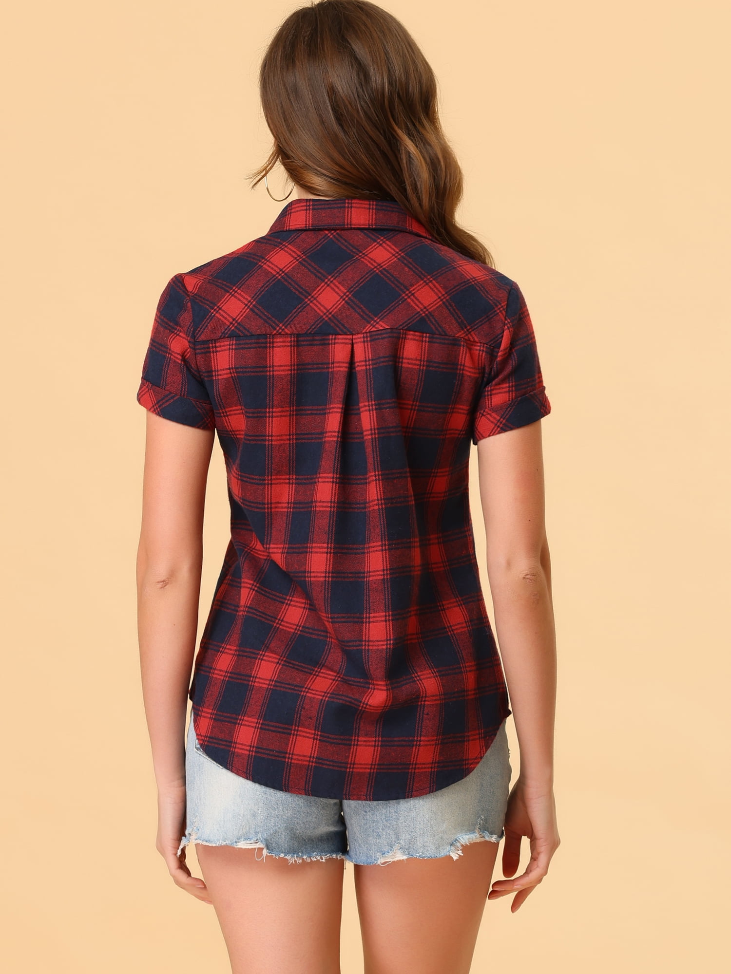 DARING DIVA Women's Casual Boyfriend Plaid Button Down Flannel Shirt M Dark Blue Red