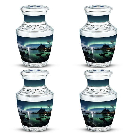 Northern Lights over a Coastal Hamlet - Cremation Urn for Men - Petite Ash Keepsake - Unique Urn Memorial for Human Ashes - Urns For Human Ashes Adult - 3 Inch, Set Of 4