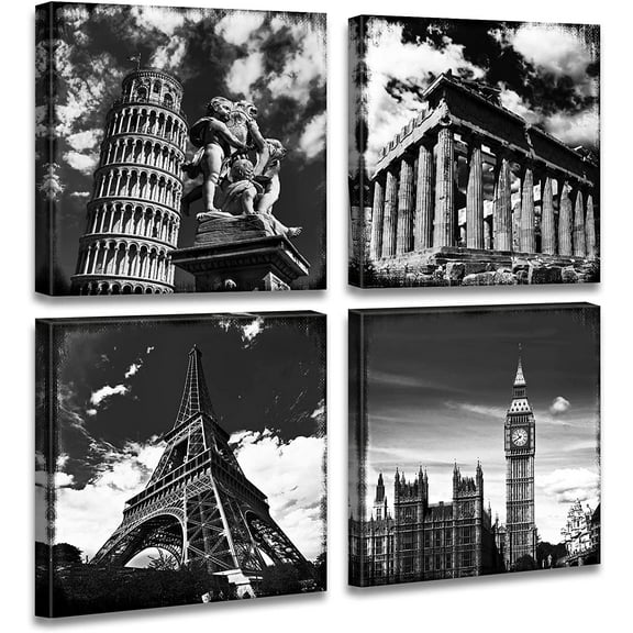Black and White Building Wall Art for Living Room Contemporary European Famous Architecture Leaning Tower of Pisa Eiffel Parthenon London Elizabeth City Big Ben Canvas Pictures Paintings
