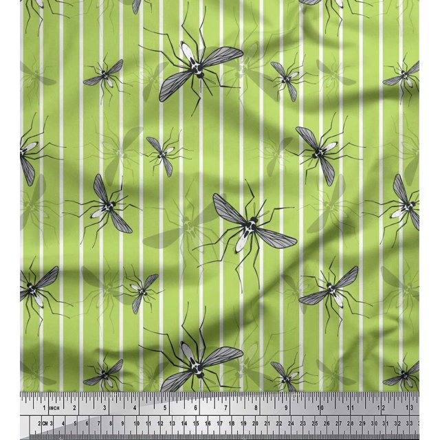 Soimoi Green Velvet Fabric Stripe & Mosquito Insects Print Sewing Fabric Yard 58 Inch Wide